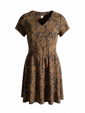 Paisley V-Neck Short Sleeve Mini Dress in Brown Paisley